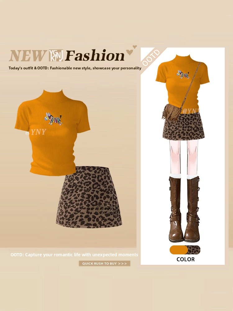 Printed Wrap Skirt - Dopamine Orange Korean Style Short Sleeve