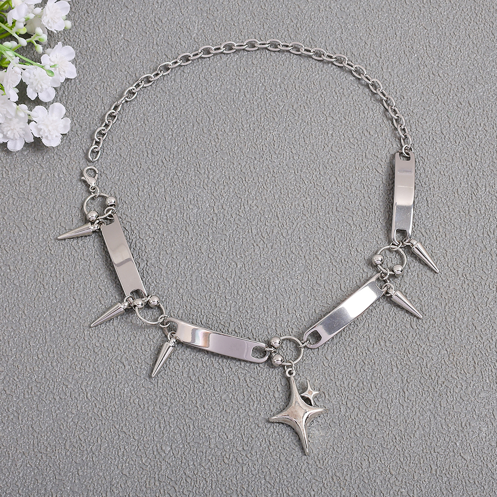 Women Fashion Necklace - Punk Style Silver Spiked Star Pendant