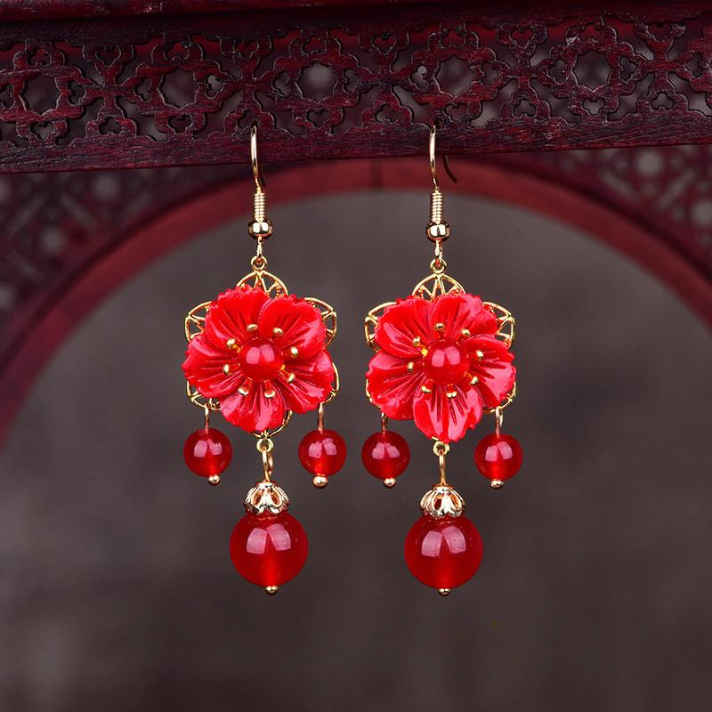 Red Jade Flower Earrings Jewel - مراجعة Women Fashion Jewellery وسعره