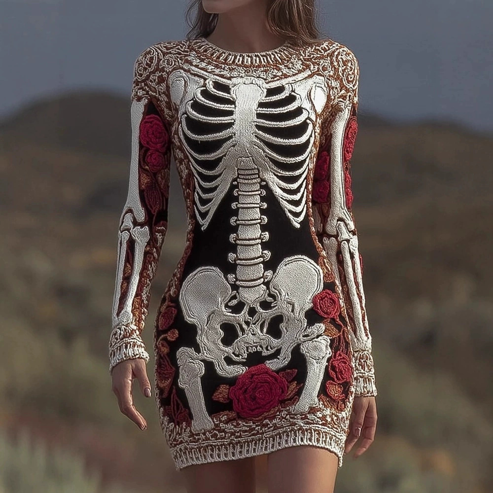 Spooky Gothic Skull Round Neck - مراجعة Bodycon Dress Women وسعره