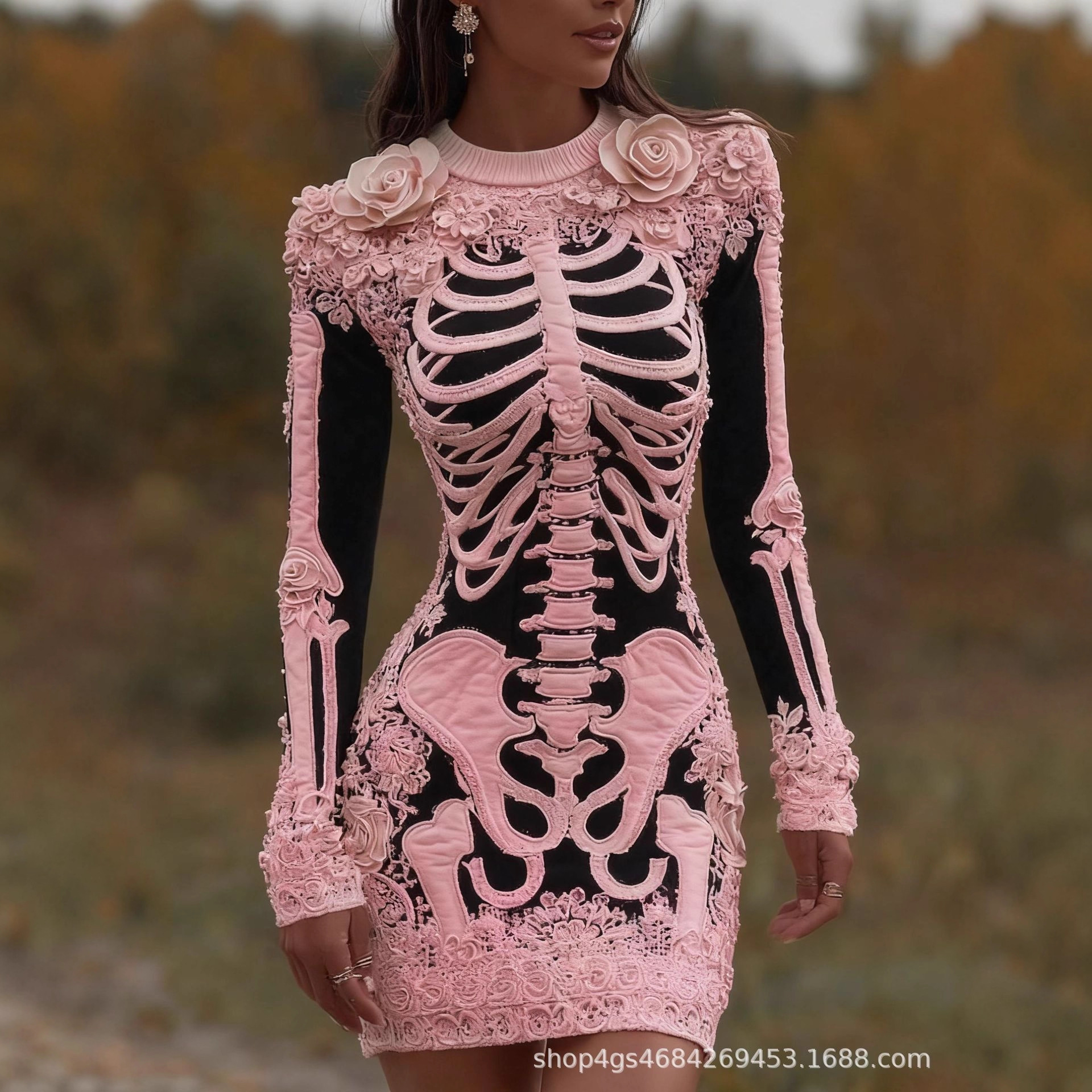 Spooky Gothic Skull Round Neck - مراجعة Bodycon Dress Women وسعره
