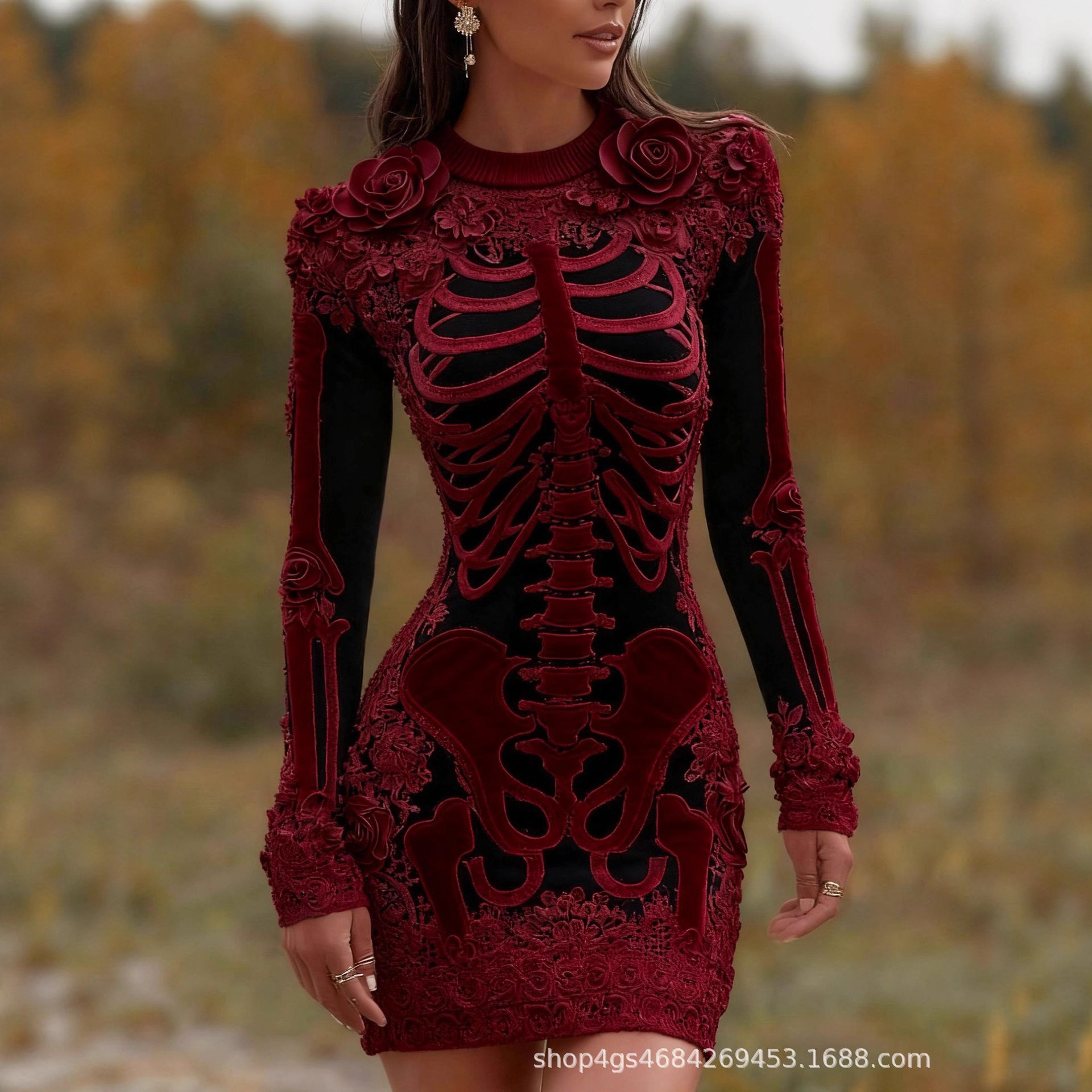Spooky Gothic Skull Round Neck - مراجعة Bodycon Dress Women وسعره