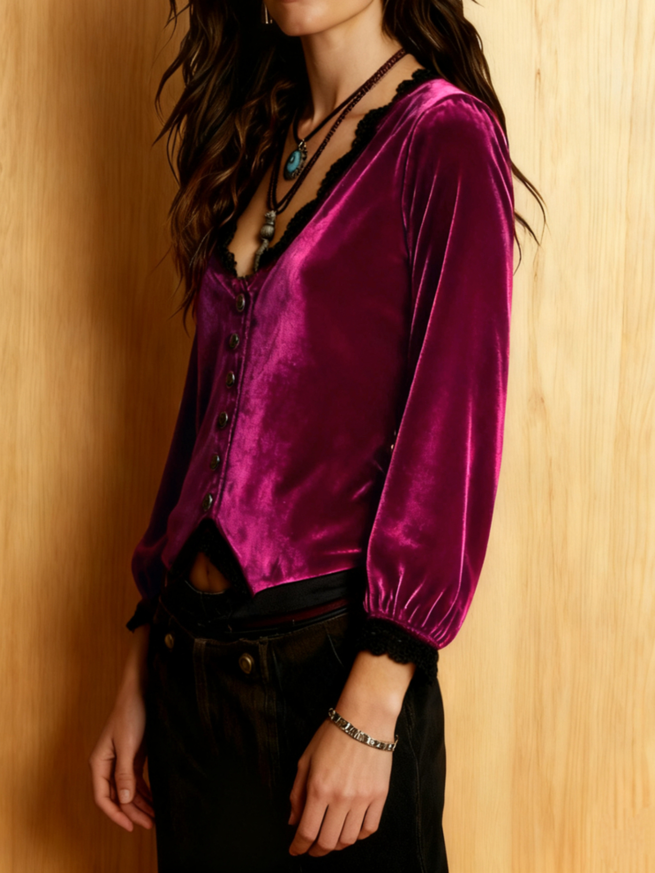 V Neck Lace Trim Button Down B - مراجعة Women Fashion Necklace وسعره